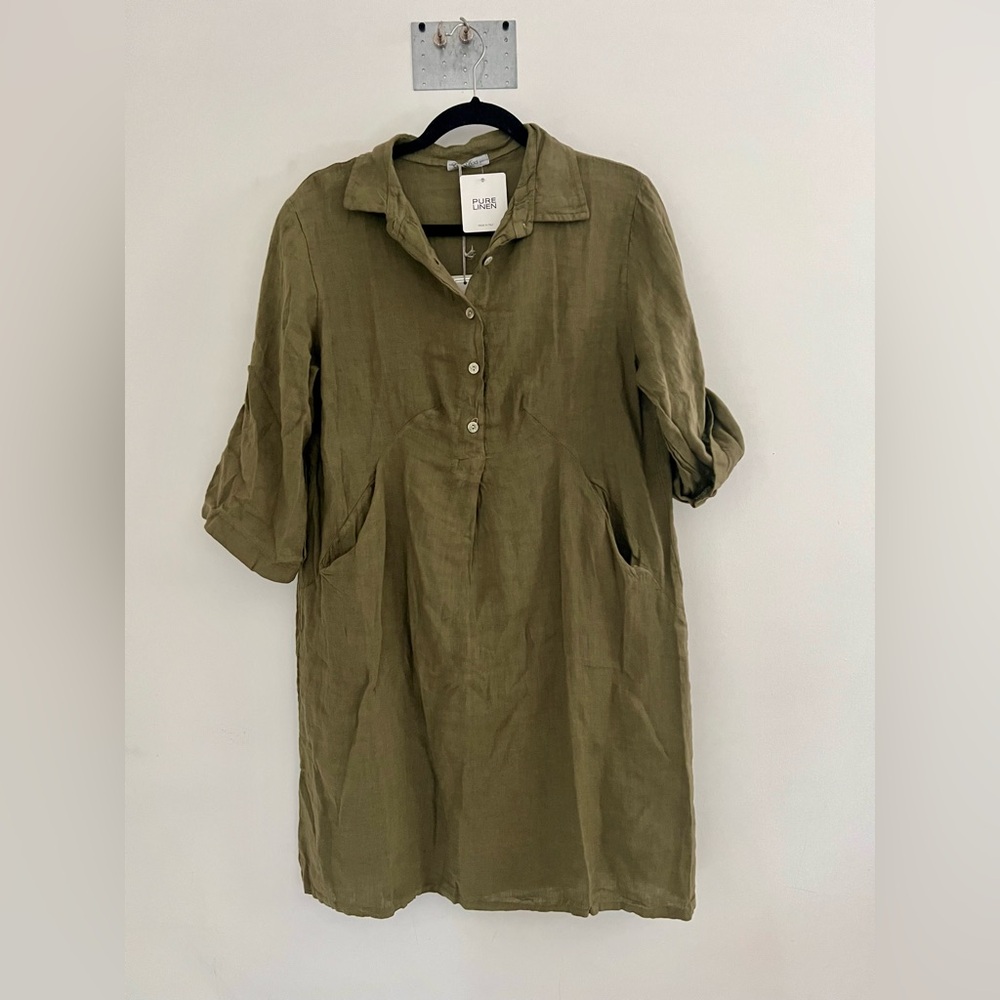 Elena Baldi Womens Relaxed Lagen Quiet Luxury Olive Green 100% Linen NTW Size M
